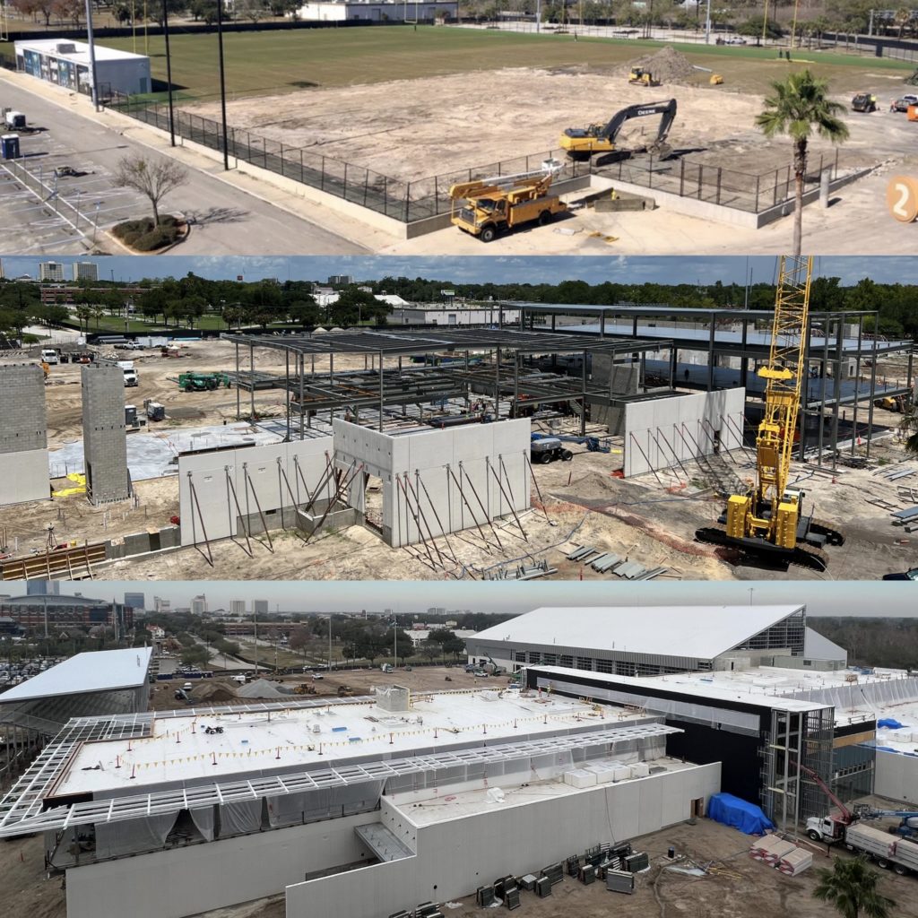 Day one, six month and 12 month captures of Miller Electric Center construction progress
